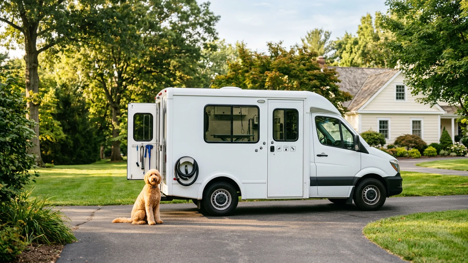 A well-groomed dog beside a Rufflane grooming van in a suburban driveway